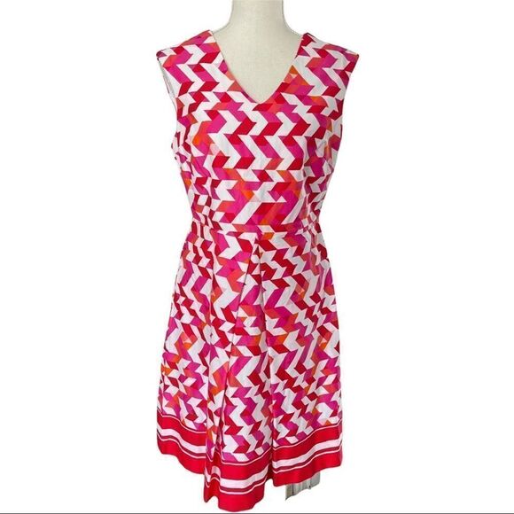 Studio One Pink/Orange/White Geo Print Fit & Flare Dress Size 6 - Picture 1 of 14